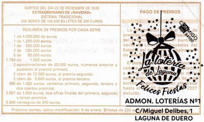 Reverso del d&eacute;cimo 24961 con el sello de la Administraci&oacute;n n&ordm; 1 &laquo;La Loter&iacute;a de Laguna&raquo;, en Laguna de Duero